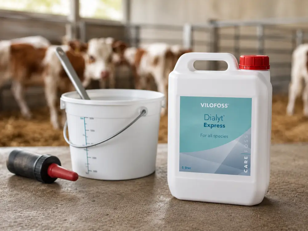A Dialyt Express container beside a graduated mixing bucket and a calf feeding bottle, in a calf shed with calves behind.