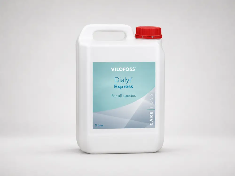 A five-litre Dialyt Express container with a red cap, photographed against a plain grey studio background.